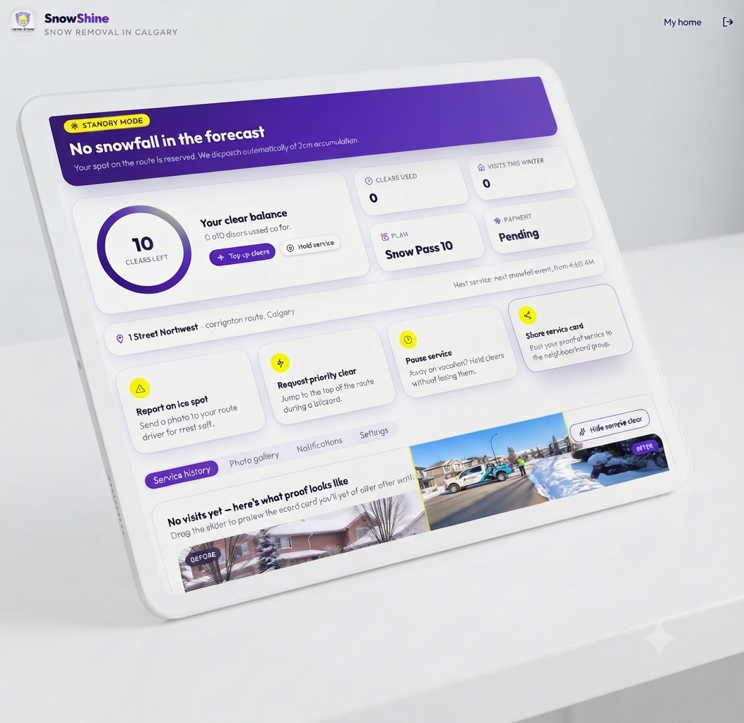 SnowShine customer dashboard shown on a tablet with snow watch banner, clear balance gauge and before-and-after service photos